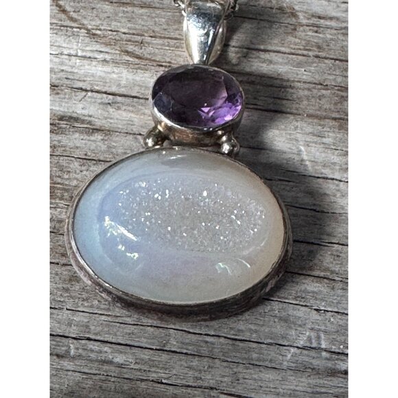 Sterling Silver Pendant Necklace With Amethyst & Druzy Quartz Stones 2.91g - Picture 3 of 11